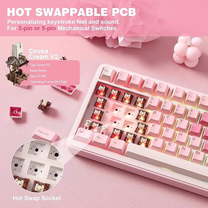 YUNZII B75 PRO 75% Wireless Mechanical Keyboard (Pink, Cocoa Cream V2) | Hot Swap Keyboard with Knob, Gasket Mount, Creamy Pre-lubed Switch for Smooth Typing, BT/USB-C/2.4G, for Gaming - Image 5