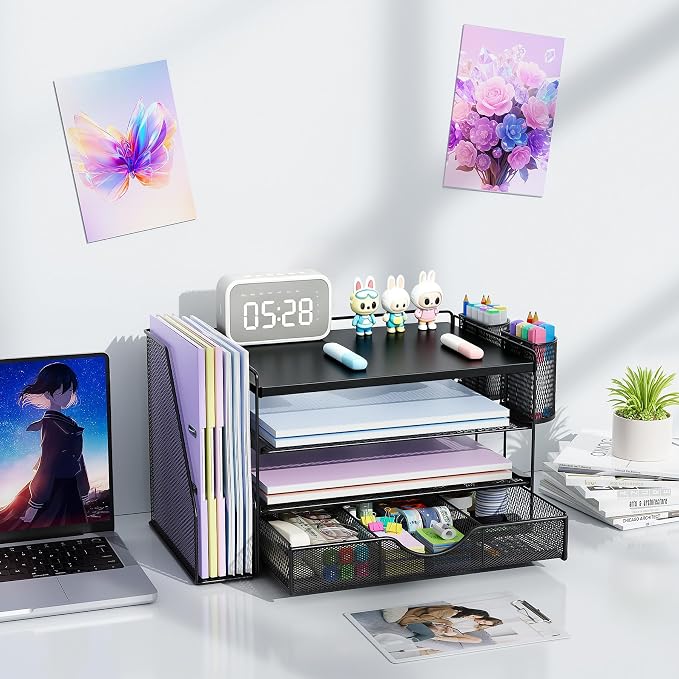 gianotter Wood Desk Organizers and Accessories with File Holder, 4-Tier Desk Accessories & Workspace Organizers with Drawer and 2 Pen Holder, Desk Reference Organizer (Black, 4T with Metal Drawer) - Image 7