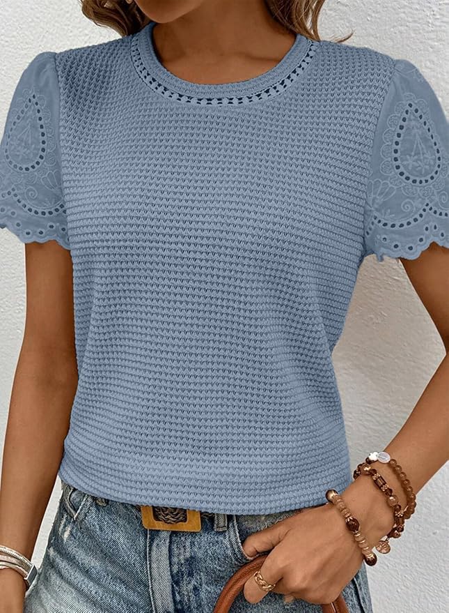 SHEWIN Womens Frenchy Summer Tops Crewneck Short Sleeve T Shirts Casual Waffle Knit Jacquard Blouses Top Shirts - Image 4