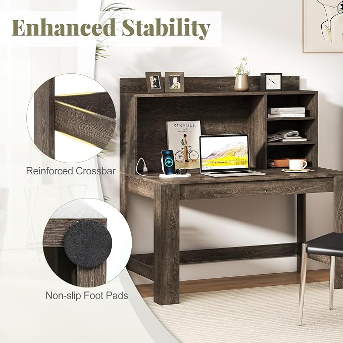 Giantex Computer Desk with Hutch, Modern Home Office Desk with Power Outlets, Storage Shelves & Cable Hole, Makeup Vanity Table, Study Writing Desk for Bedroom Office Small Space (Grey Oak) - Image 6