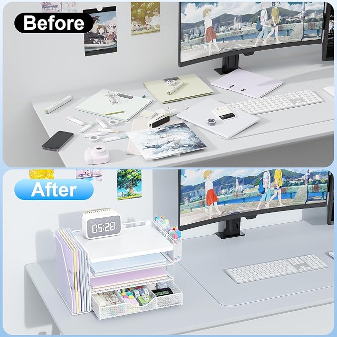 gianotter Wood Desk Organizers and Accessories with File Holder, 4-Tier Desk Accessories & Workspace Organizers with Drawer and 2 Pen Holder, Desk Reference Organizer (White, 4T with Metal Drawer) - Image 2