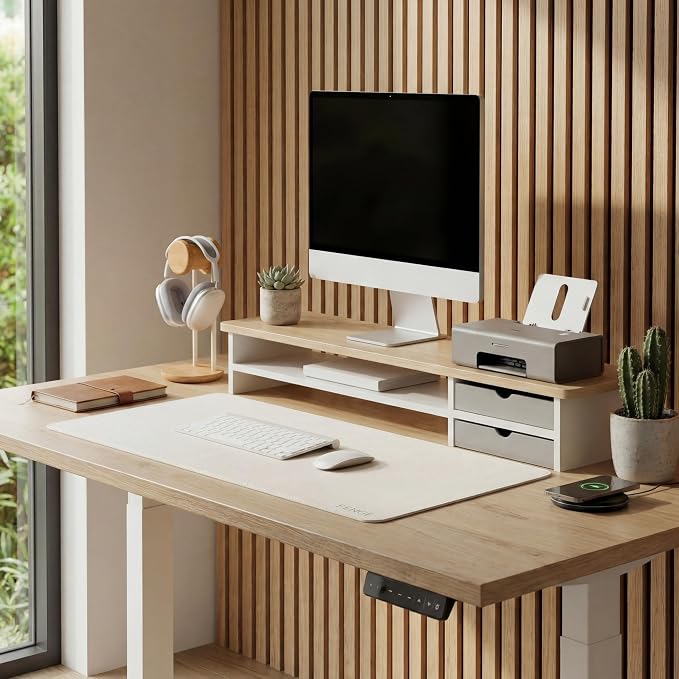 Fenge Monitor Stand, Dual Monitor Riser, 42.5inch Large Desk Computer Monitor Stand Riser with Drawer, 2 Tier Wood & Acrylic Desktop Organizer for Computer, Laptop, Printer, TV Screen Riser - Image 6