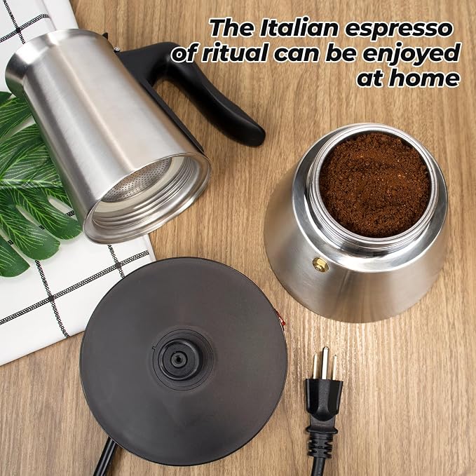 Electric Stainless Steel Moka Pot 6 Cup 300ml Mocha Pot | Espresso Maker with Detachable Base Ideal Coffee Maker for Home Italian and Cuban Café Coffeemaker Espressomaker Coffee Pot - Image 4
