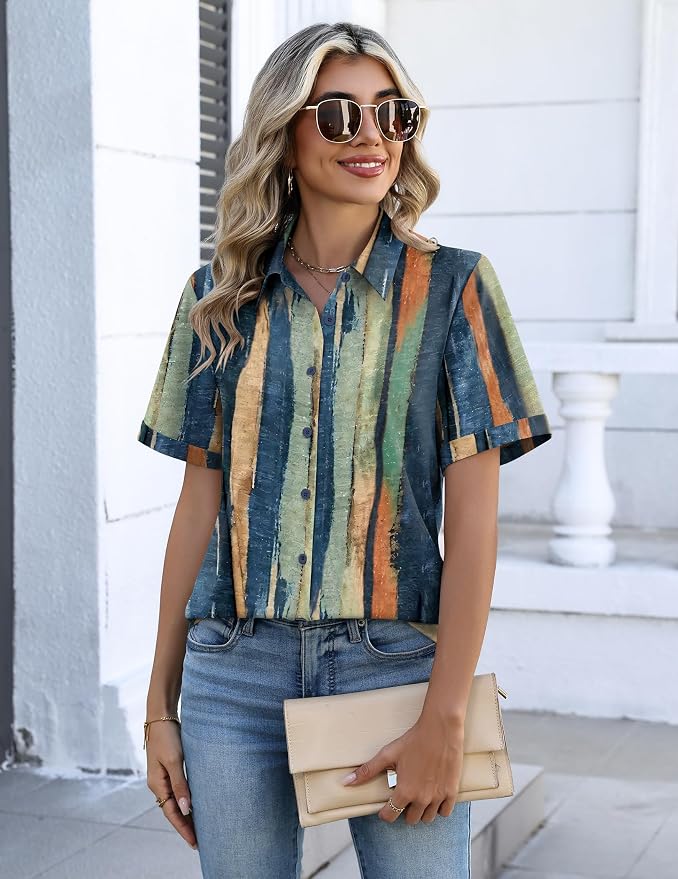 Zeagoo Button Down Shirts for Women Short Sleeve Collared Tops Dressy Casual V Neck Blouses - Image 2
