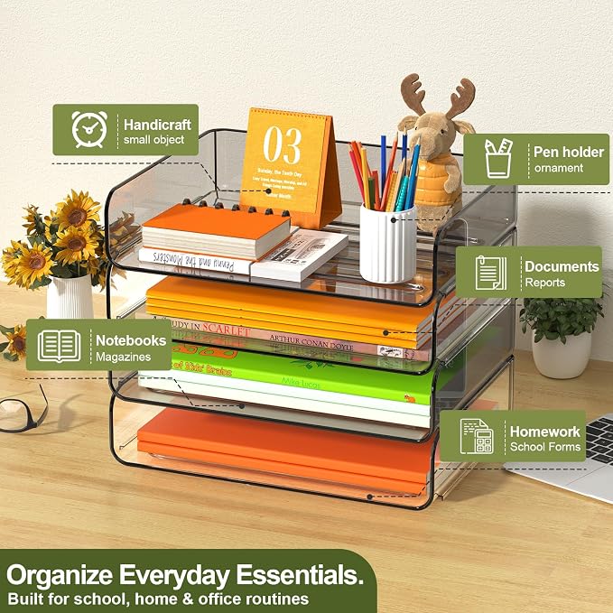 FANXIYQ 4-Tier Acrylic Paper Tray Organizer, Clear & Brown Paper Organizer | Stackable, Tool-Free Design with 2-4 Tiers for A4 Paper, Files, Books and Mail; Ideal for School, Home Office and Study Room - Image 2