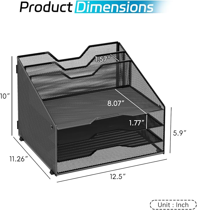 Desk File Organizer, 4 Letter Trays and 2 Upright Sections, Black | Paper Organizer for Desk with Tiered Letter Trays and Vertical File Holders for Home Office, School and Workspace Use - Image 2