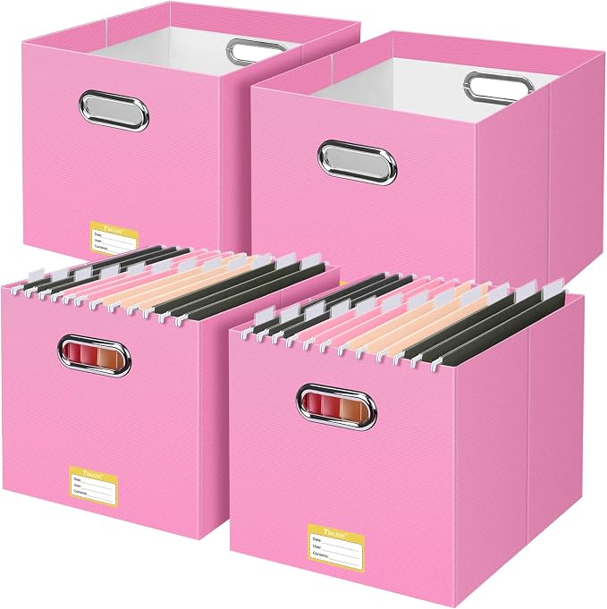 BALEINE File Organizer Box, Cardboard File Folder Organizer with Handle for Letter Size, Portable Collapsible Hanging Filing Box for Home Office Document Storage (4 Pack, Large Pink) by BALEINE