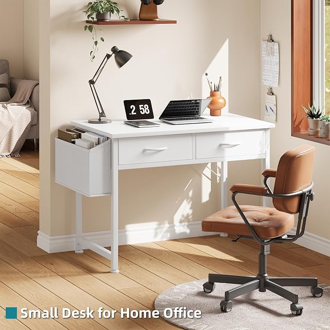 CAIYUN Small White Desk with Fabric Drawers for Bedroom, 31 Inch Home Office Desk with Side Pocket and Hook for Small Space, Makeup Vanity Desks Kid’s Desks to Writing Made of Wood and Metal, White - Image 2