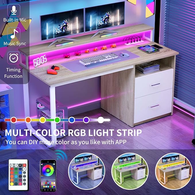 DWVO Computer Desk with Drawers, 47.2" Office Desk with Power Outlets & LED Light, Home Office Desk with Storage Shelves, White & Oak | Built-In Power Outlets, Led Light, Storage Shelves, Drawers, Compact Size, for Home Office Small Space, Easy Assembly - Image 4