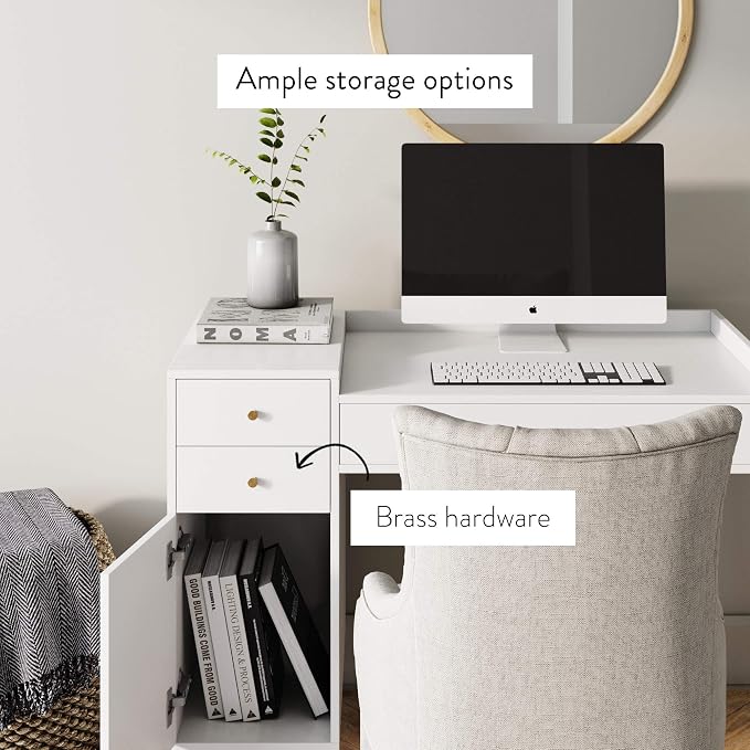 Nathan James Daisy Vanity Dressing Table or Makeup Desk with 4-Drawers and Brass Accent Knobs, White Wood - Image 6