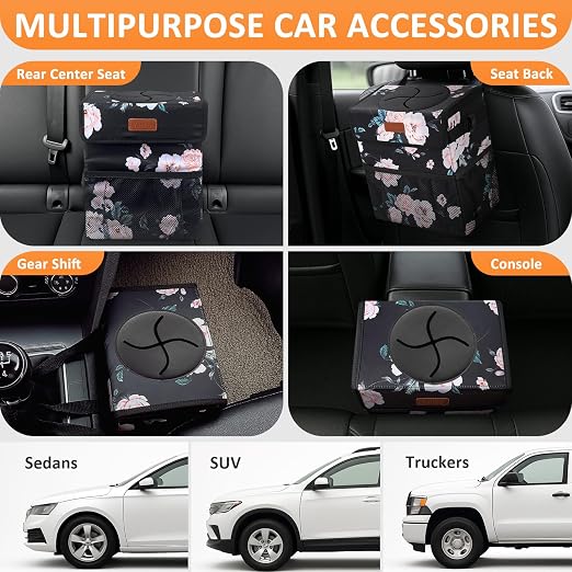 Vankor Car Trash Can for Car Cute,Bag Bin Hanging Waterproof Automotive Garbage Cans Leak Proof Vehicle Trash Can Black Floral - Image 5