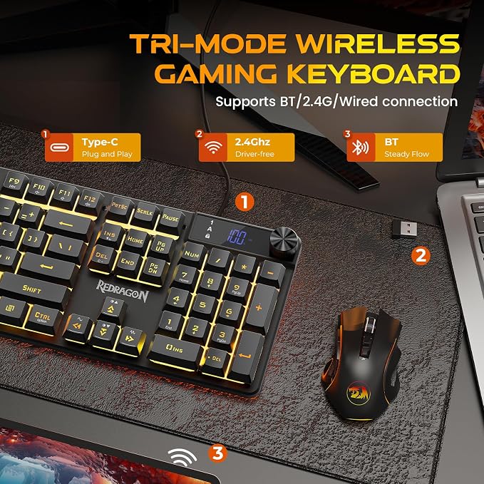 Redragon K521 Pro Wireless Gaming Keyboard with Screen, 4000mAh Battery | Mechanical Feeling, Tri-Mode BT/2.4G/USB-C, RGB Keyboard, 12 Multimedia Keys, Programmable Software, Full-size keyboard - Image 3