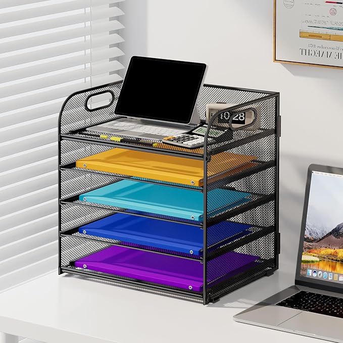 Cawukege 5 Tier Paper Organizer with Handle, Black Metal Mesh Desk Organizer File Folder Paper Letter Tray Desktop Document Sorter for Classroom, School, Office Accessories Organization and Storage - Image 5