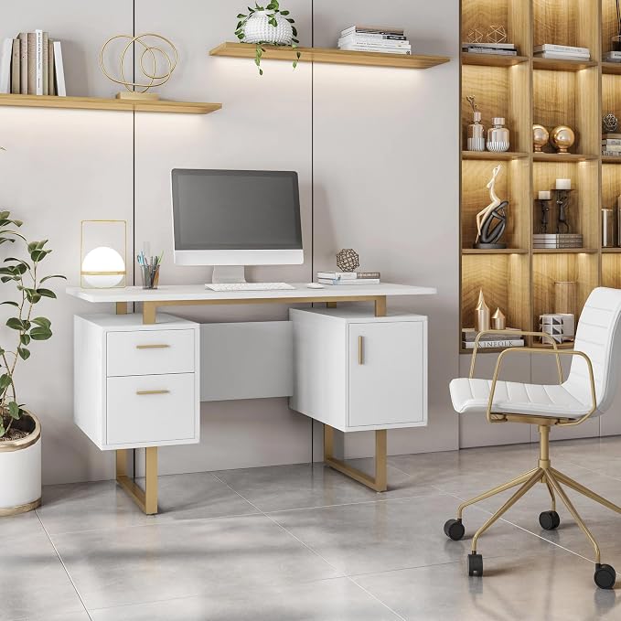 Techni Mobili Storage Drawers and Cabinet 51.25” W-Modern Office Large Floating Desktop Surface Desk, 23.6" D x 51.2" W x 29.8" H, White/Gold | Home office workstation, durable construction, everyday productivity, Ideal for home office, Workspace organ... - Image 2
