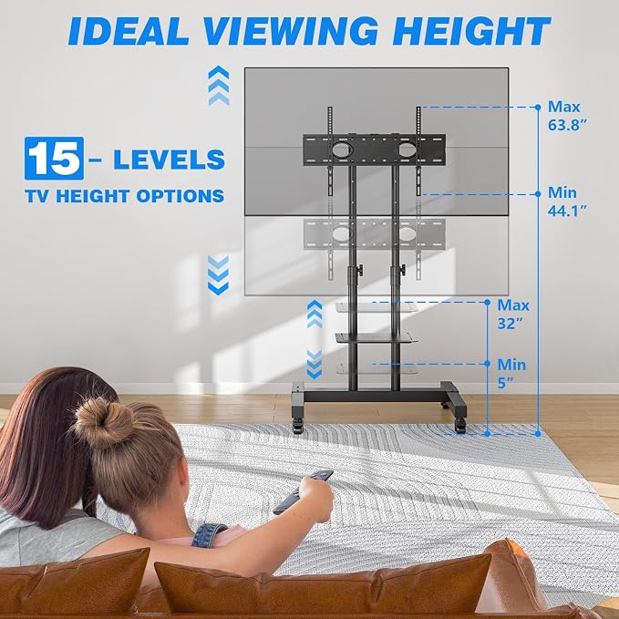 Rfiver Mobile TV Cart Rolling TV Stand for 32-83 Inch Screens up to 110lbs, Portable TV Stand on Wheels with Height Adjustable Shelf, Outdoor TV Stands Mount for Home Office MAX VESA 600x400mm, Black - Image 2