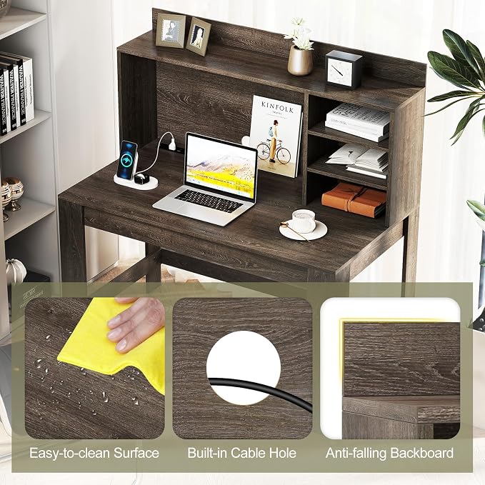 Giantex Computer Desk with Hutch, Modern Home Office Desk with Power Outlets, Storage Shelves & Cable Hole, Makeup Vanity Table, Study Writing Desk for Bedroom Office Small Space (Grey Oak) - Image 7