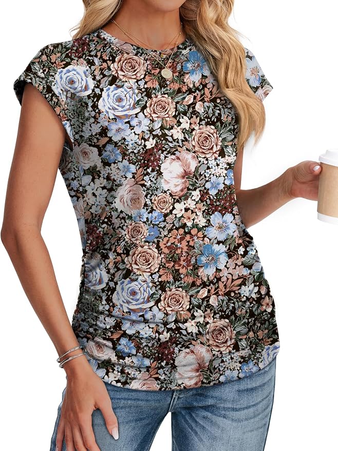 Sampeel Womens Summer Tops Trendy 2026 Ruched Cap Short Sleeve Tshirts Shirts Crew Neck T Shirts Fashion - Image 3