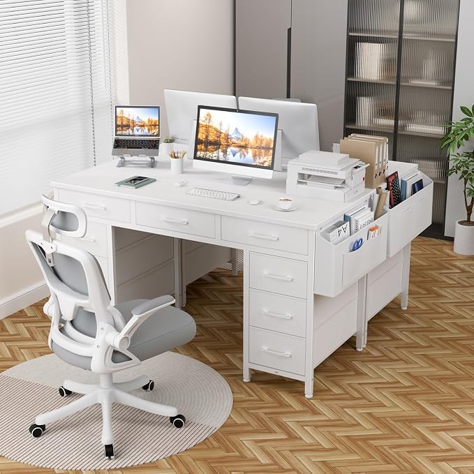 Lufeiya 47 Inch Computer Desk with 9 Drawers, Office Desk Work Desk for Home Office, Study, Writing, Vanity Desk with Fabric Drawers on Both Sides, Large Storage, White - Image 6