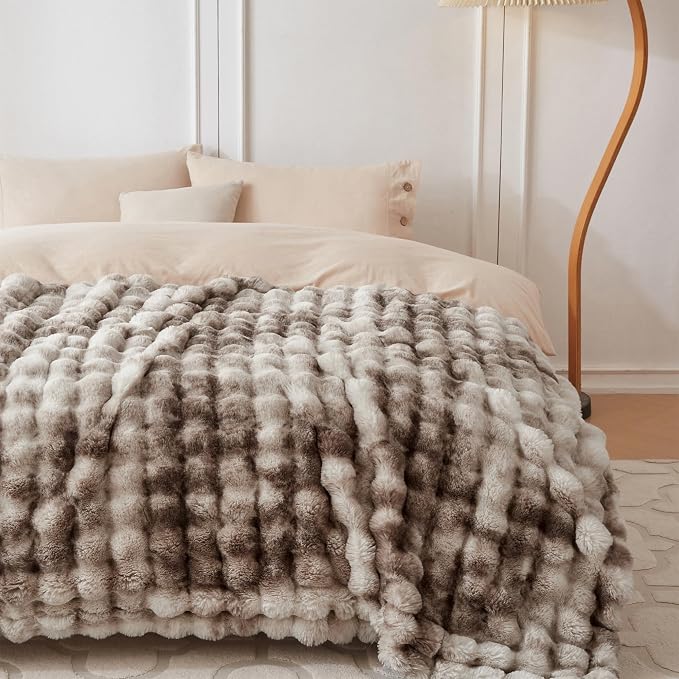COOVA Faux Fur Throw Blanket for Couch, Cozy Soft and Fuzzy Plush Rabbit Fur Bubble Blanket for Sofa Bedroom Living Room, 60x80 Inches Tie Dye Brown - Image 2