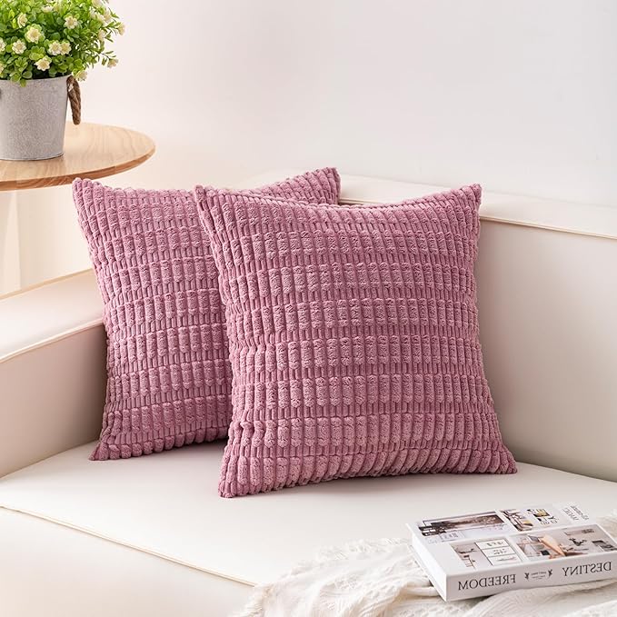 Aegero Pack of 2 Corduroy Decorative Throw Pillow Covers 16x16 Inch Soft Striped Pillow Covers Modern Farmhouse Home Decor for Sofa Living Room Couch Bed（Pink） by Unknown