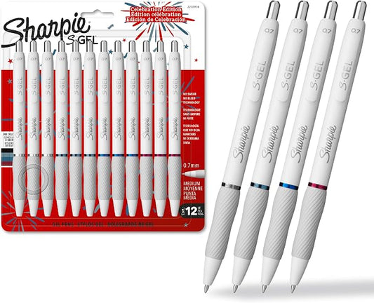 Sharpie S-Gel Pens, Pearl White Body, Fashion Barrel, Medium Point (0.7mm), Colorful Ink, 12 Count, USA 250th Anniversary Edition by Unknown