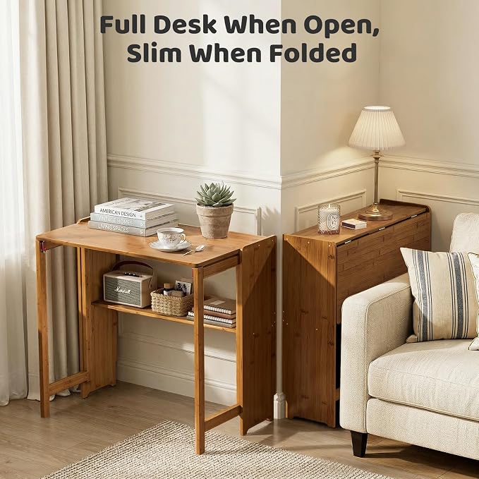 Bamboo Folding Desk for Small Spaces, Small Computer Foldable Desk, Brown | Space Saving Desk for Bedroom Home Office, Mid Century Sofa Table for Couch, Writing Work Office Desk - Image 3