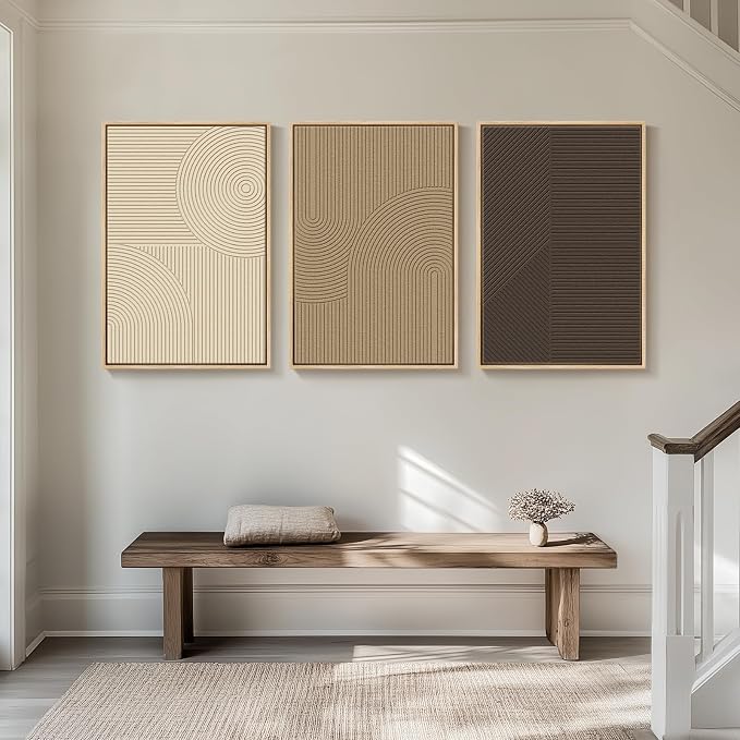 Large 3D Textured Framed Boho Neutral Abstract Wall Art for Living Room, 3 Piece Modern Artwork for Walls, Minimalist Beige Brown Tan Geometric Paintings for Hallway, Stair, Office Wall Decor 24x36 In - Image 2