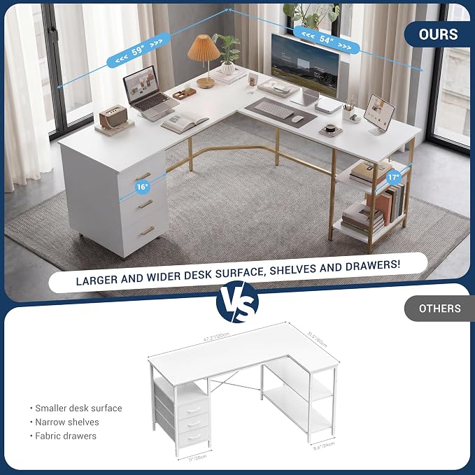Techni Mobili 59" Two-Tone L‑Shaped Office Desk with Storage Shelves, Gold | 59" two‑tone L‑shaped desk with storage shelves, durable frame, modern corner workstation, spacious home office writing space - Image 4