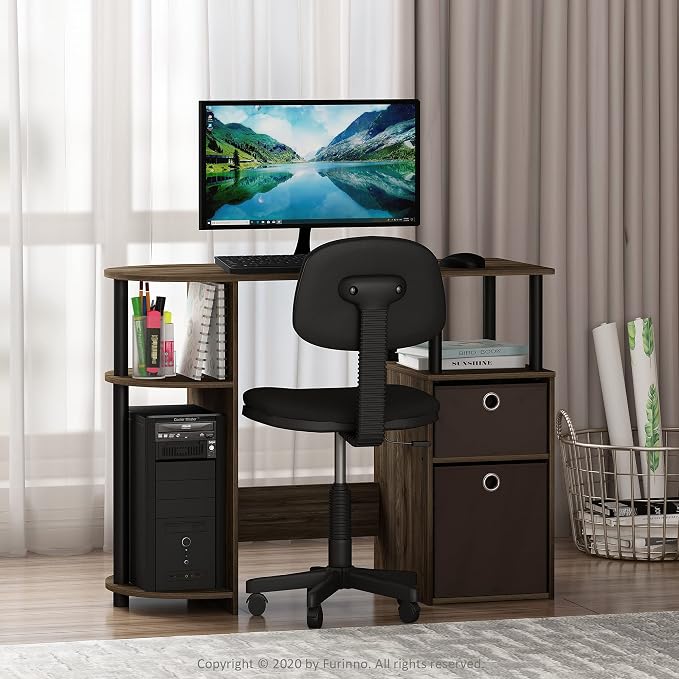 Furinno JAYA Desk, 38.4" Wide Gaming Desk with Bin Drawers, Computer Desk with Side Shelf, Office Desk for Study, Home Office, Bedroom, Dorm, Study Room, Columbia Walnut - Image 2