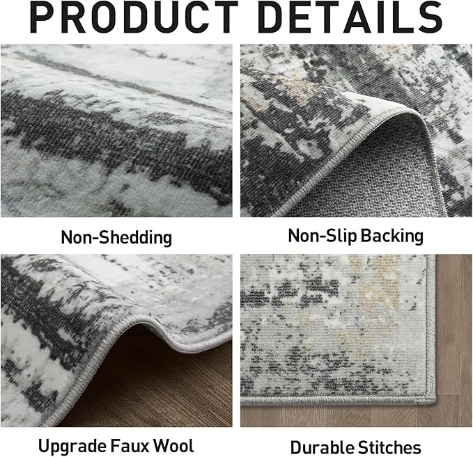 4x6 Area Rugs Washable Rug: Modern Abstract Living Room Rug Soft Anti-Skid Thin Carpet Indoor Floor Non-Shedding Carpets for Bedroom Dining Room Farmhouse Nursery Home Office Black Grey Gold - Image 4