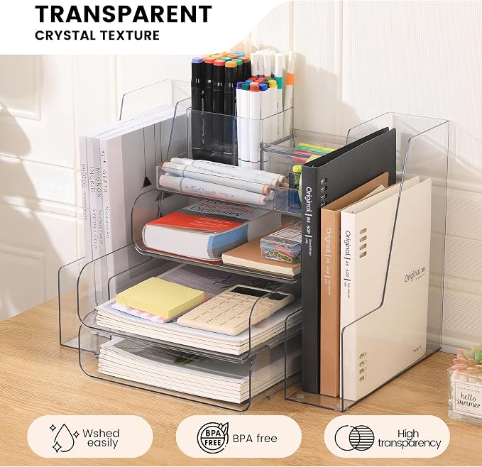 CiWiVOKi Desk Organizer with 2 Vertical File Holder, 4 Tier Stackable Paper Letter Tray File Organizer with 5-Compartments Pen Holder, Clear Desktop Organizer Office Organization and Storage - Image 3