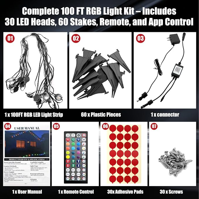 100 FT 2-in-1 Eaves & Ground Stakes LED String Lights, Outdoor RGB Light with App & Remote Control for House, Garden, and Landscape, Waterproof Smart Color-Changing Lighting for Holiday Everyday Decor - Image 2