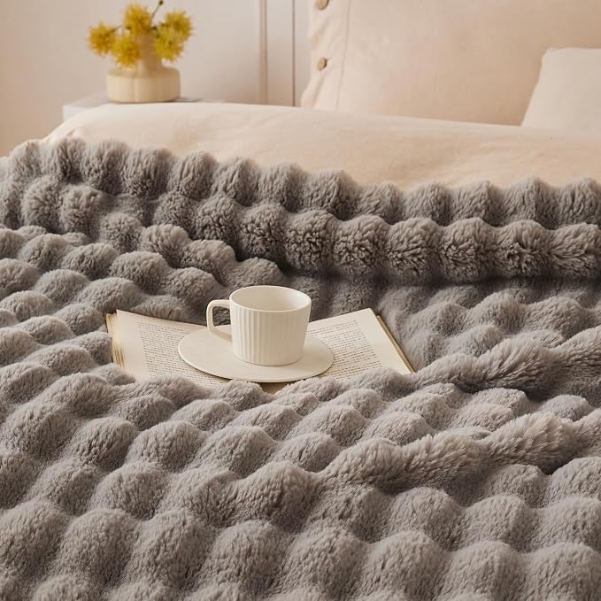 COOVA Faux Fur Throw Blanket for Couch, Cozy Soft and Fuzzy Plush Rabbit Fur Bubble Blanket for Sofa Bedroom Living Room, 60x80 Inches Grey - Image 3