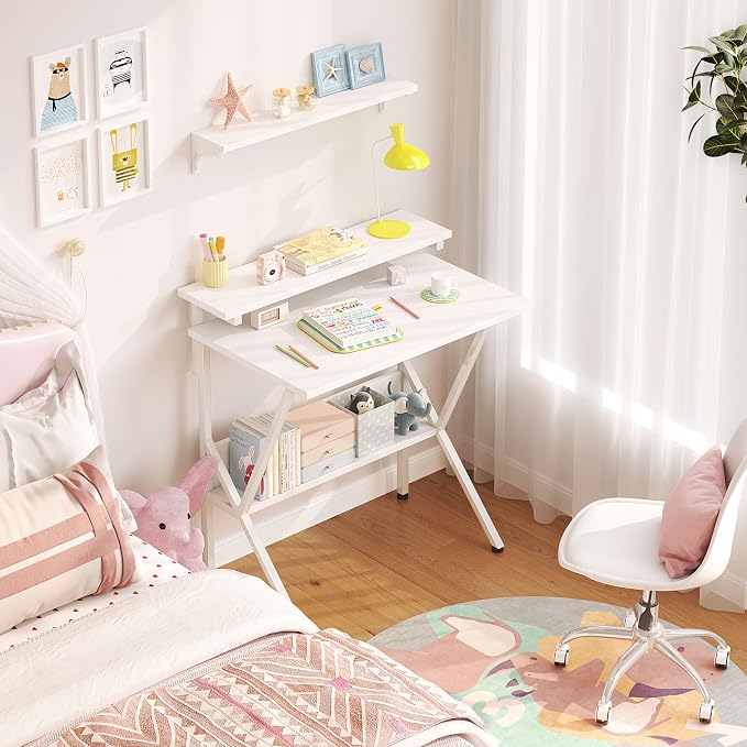 COTUBLR Small Desk, 27.5 Inch Small Computer Desk for Small Spaces, Computer Desk with Adjustable Monitor Stand, Compact Desk with Storage, Tiny Desk Study Desk for Bedroom Home Office, White - Image 2