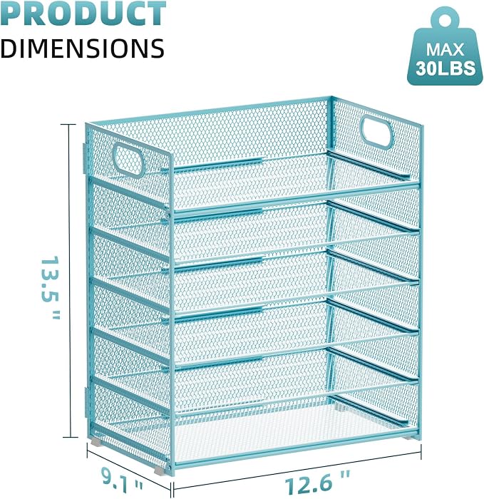 Marbrasse 2 Pack Desk Organizer with Handle, 6 Tier Paper Letter Tray, Mesh Desk File Organizer for Office, School and Home - Blue - Image 3
