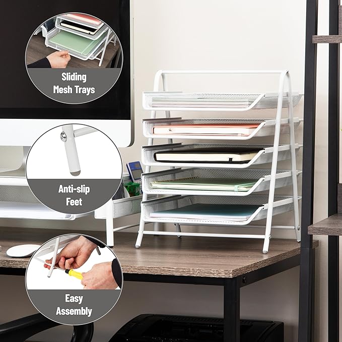 Mind Reader 5-Tier Paper Tray Organizer, White | Vertical Desktop File Storage Rack, Office, Metal Mesh - Image 4