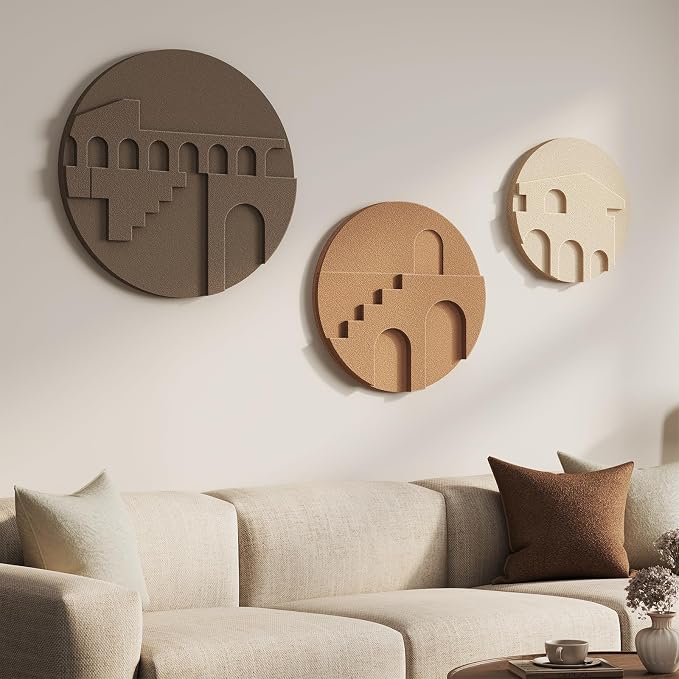 3D Textured Round Neutral Abstract Wall Art Set, 3 Piece Mid-Century Modern Geometric Sculpture Artwork for Walls, Minimalist Boho Earth Tone Paintings for Living Room Dinging Room Bedroom Wall Decor - Image 2