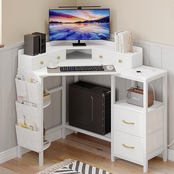 VENNQD Corner Desk with 6 Drawers Shelves for Small Space Computer Desk with Power Outlets,Gaming Desk with Printer Monitor Stand Storage for Home Office Workstation Writing Table (White, 31.5) by VENNQD
