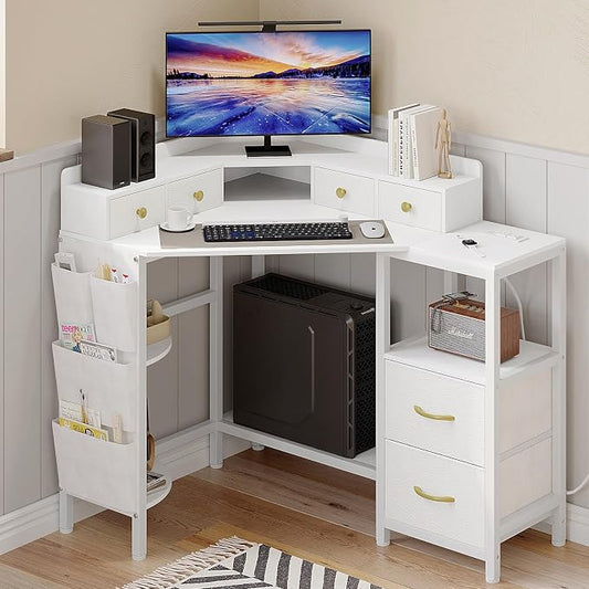 VENNQD Corner Desk with 6 Drawers Shelves for Small Space Computer Desk with Power Outlets,Gaming Desk with Printer Monitor Stand Storage for Home Office Workstation Writing Table (White, 31.5) by VENNQD