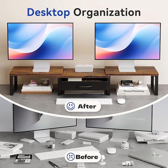 Desk Organizers and Accessories, Dual Monitor Stand Riser with Drawer, Computer Monitor Stand, Adjustable Desk Shelf for PC Laptop Printer TV, Brown - Image 3