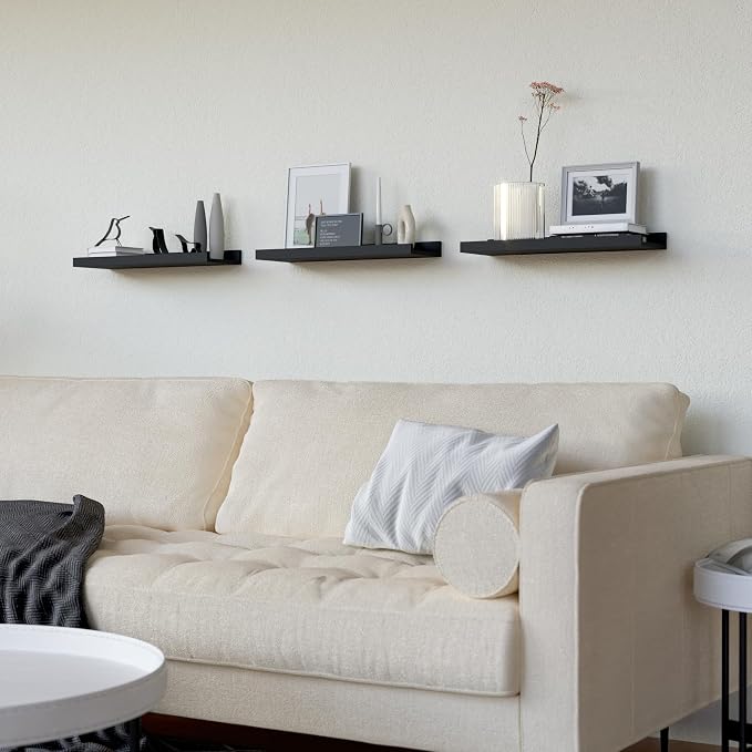 RICHER HOUSE 3-Set Floating Shelves with Lip, Black Small Wall Shelf, 16In | Display Picture Ledge Shelf, Anti-drop lip Shelf for Room Wall Decor, Bedroom Bathroom Storage Nursery Books, Easy Setup,Wood - Image 5