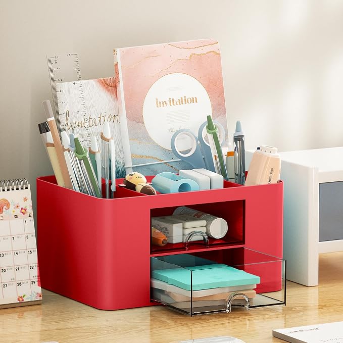 Marbrasse Pen Organizer with 2 Drawer, Multi-Functional Pencil Holder for Desk, Desk Organizers and Accessories with 5 Compartments + Drawer for Office Art Supplies (Red) - Image 3