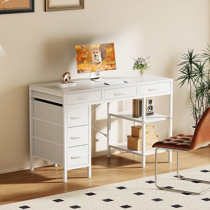 Sweetcrispy 47" Computer Desk with 6 Fabric Drawers & Storage Shelves | Reversible Gaming Desk, Office Desk, Computer Workstation, Corner Desk with Storag, Home Office, Living Room, White - Image 2