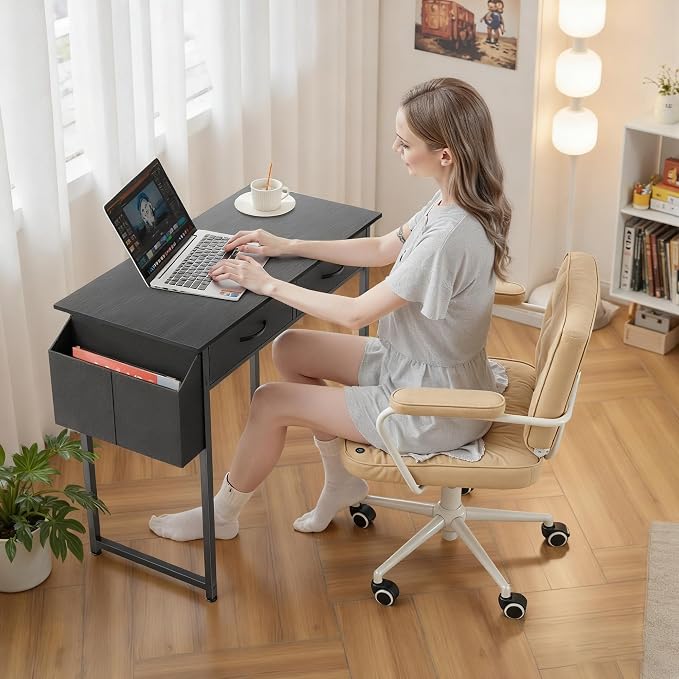 OLIXIS 32 Inch Small Desk, Gaming Computer Desk, Side Bag | Fabric Drawers, Headphone Hook, Home Office, Work Table, Writing Study, Bedroom, Black - Image 6