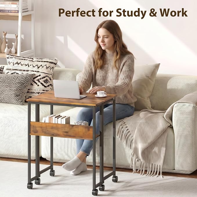 Folding Desk Small Rolling Desk with Storage Shelf,24.8 Inch Foldable Computer Table with Wheels,Portable Office Desk for Small Space Sofa Table,Easy to Fold,Writing Work Office Computer Desk,Walnut - Image 3