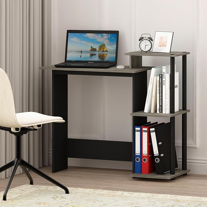 Furinno Efficient 29-Inch Grey Computer Desk with Side Shelves, Gaming Desk with 3 Open Shelves, Home Office Desk, for Home Office, Study Room, Dorm, Bedroom, Grey Oak/Black by Furinno-FitsYourSpaceFitsYourBudget