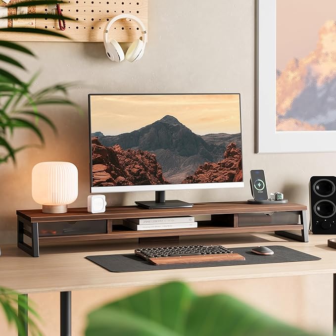 Fenge Dual Monitor Stand, Monitor Riser with Drawer, 42.5 Inch Large Computer Monitor Stand for 2 Monitors, 2 Tier Wooden Desk Shelf for Top of Desk - Image 2
