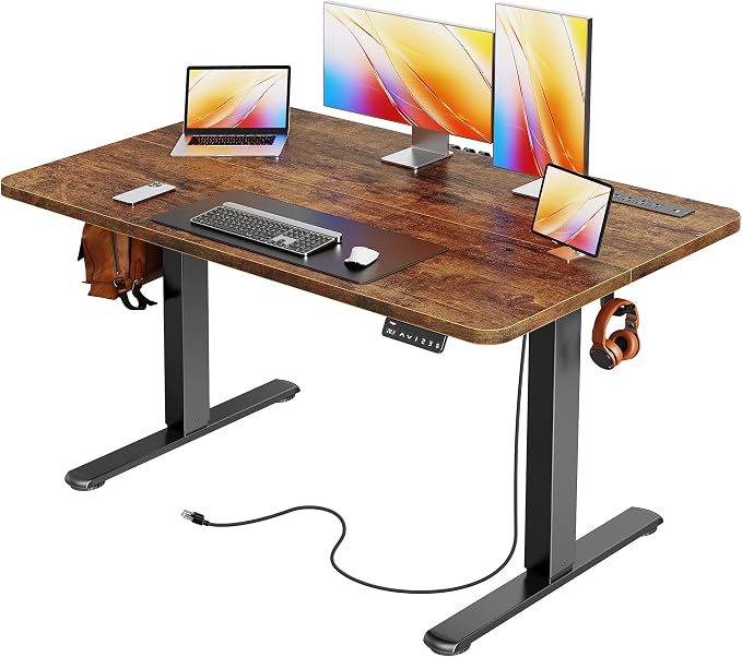 Huuger Electric Standing Desk with Power Outlets and USB-C Port, 47 X 24 Inch Height Adjustable Desk, Sit Stand Desk for Home Office, Computer & Gaming Desk with 4 Presets, Rustic Brown by Huuger
