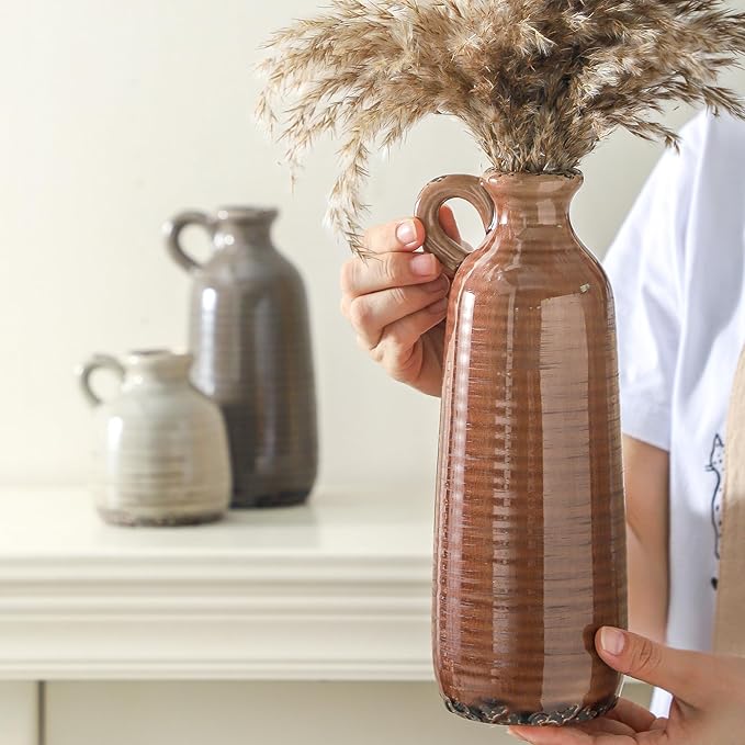 Ceramic Vases Set of 3, Neutral Rustic Farmhouse Vase with Handle, Decorative Flower Vases Home Decor Modern Boho Pampass Vase for Table Mantel Entryway Shelf Living Room Kitchen Bathroom - Brown - Image 4