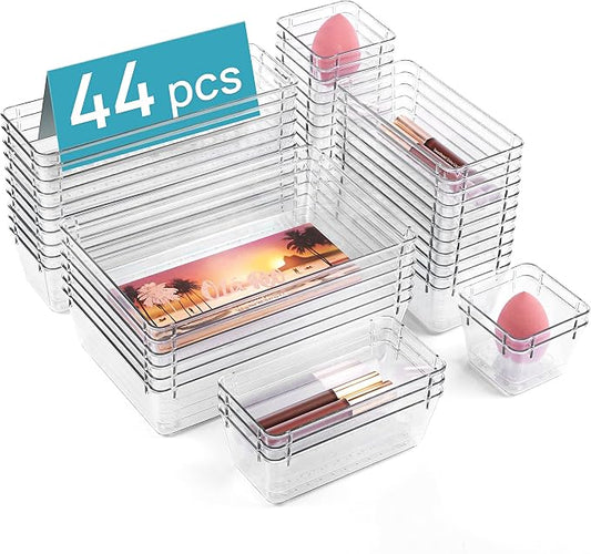 Vtopmart 44 PCS Clear Plastic Drawer Organizers Set, Vanity Organizer Trays | 4-Size Versatile Makeup Organizer, Non-Slip Storage Containers for Makeup, Jewelries, Bedroom，Kitchen Utensils and Office by Vtopmart